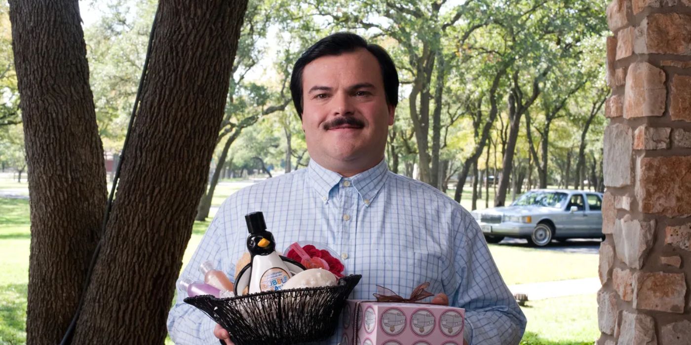 Jack Black as Bernie Tiede arrives at a door with gifts and good