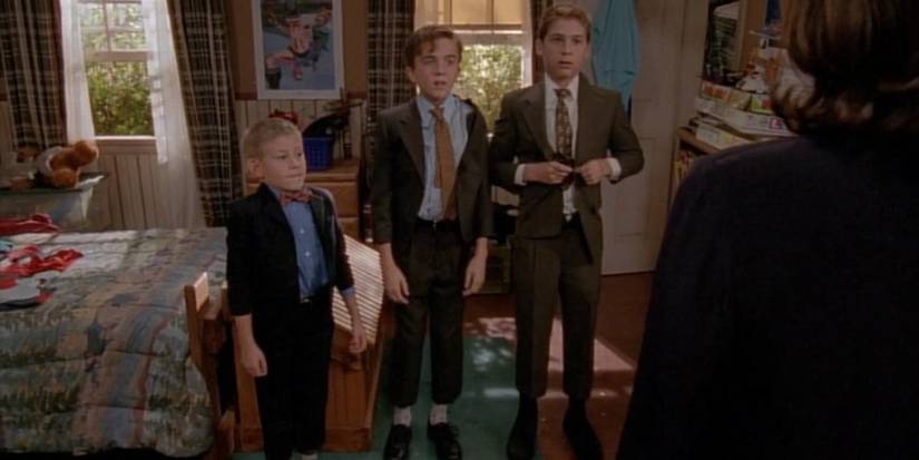 Reese, Dewey, and Malcolm in suits too small for them in Malcolm in the Middle