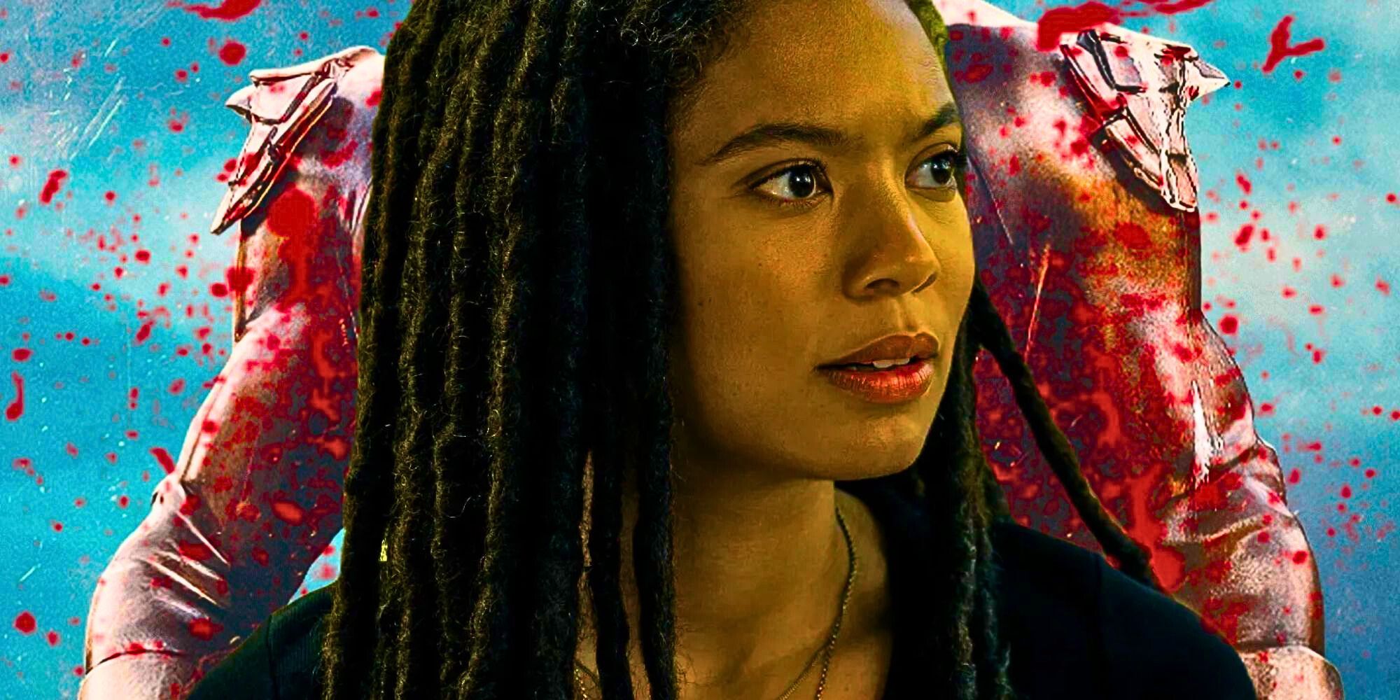 A custom image of Jaz Sinclair as Marie Moreau with blood splattered behind her