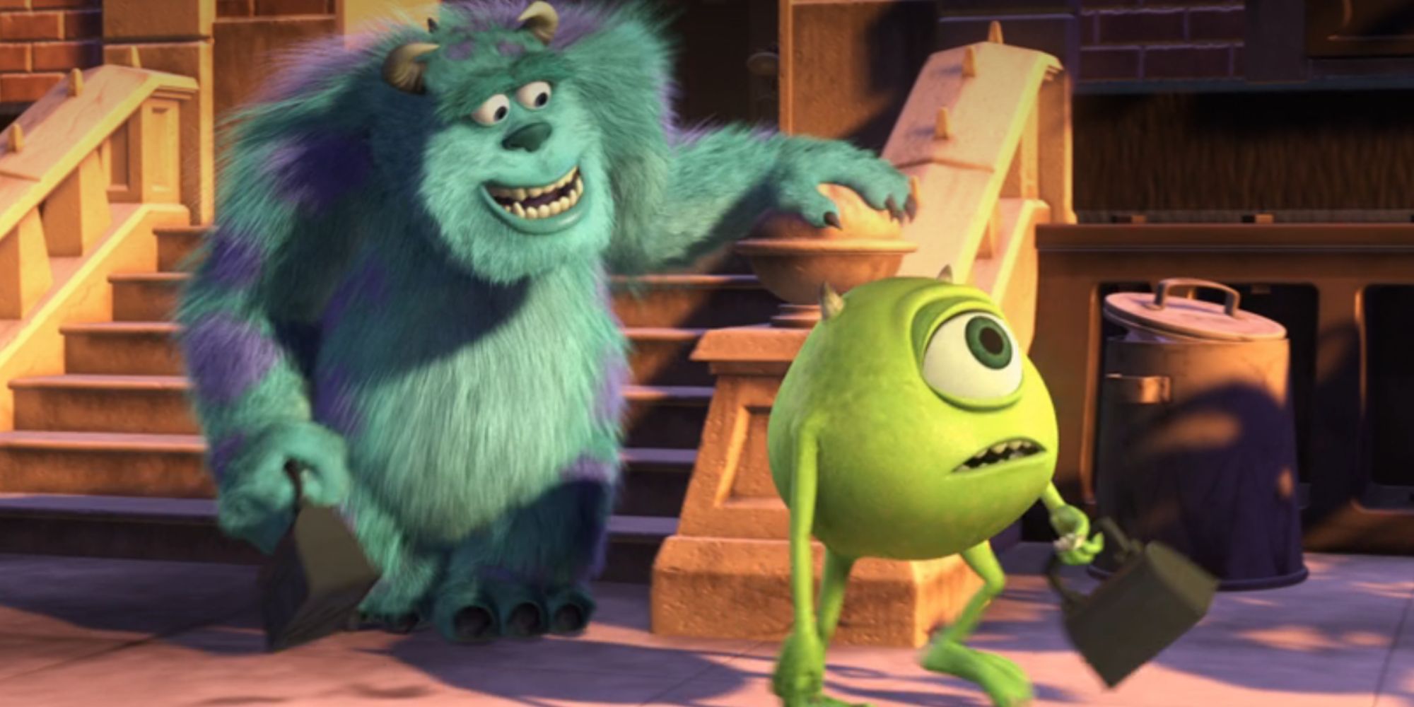 Sulley laughing at Mike in Monsters, Inc while Mike looks annoyed
