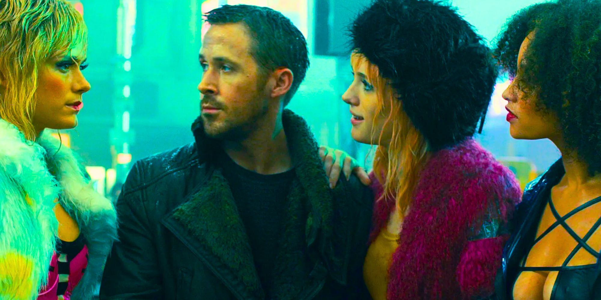 Ryan Gosling as Agent K surrounded by women in Blade Runner 2049