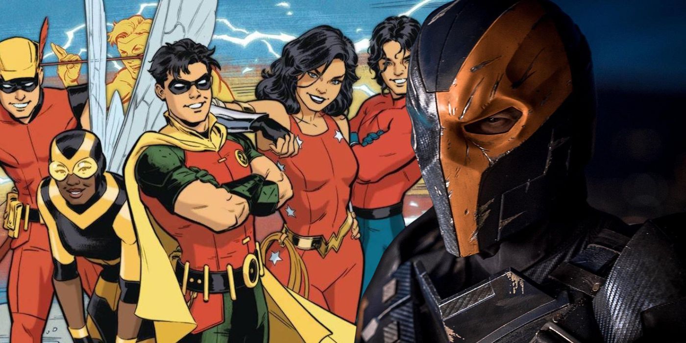 DCEU Deathstroke over an image of the Teen Titans from DC Comics