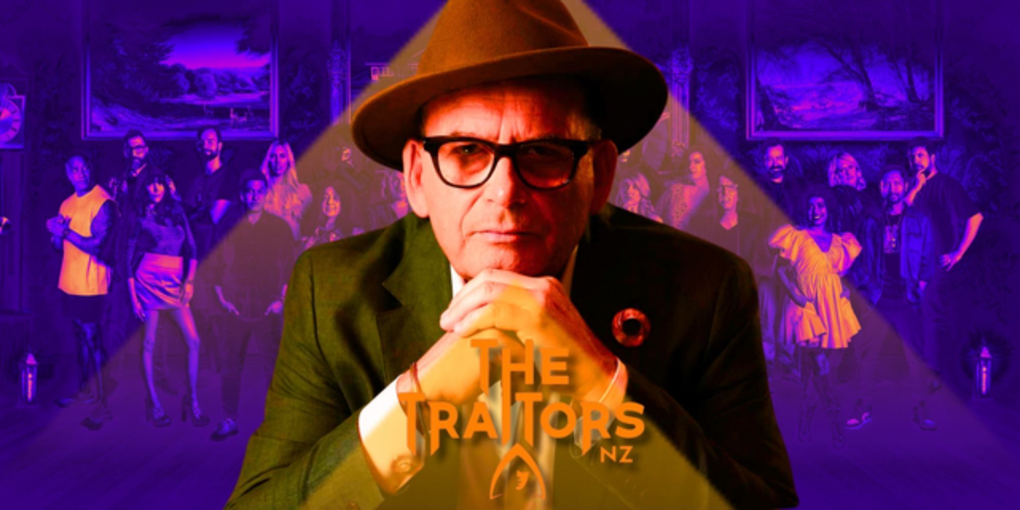 The Traitors New Zealand season 1 host Paul henry montage, with cast in background