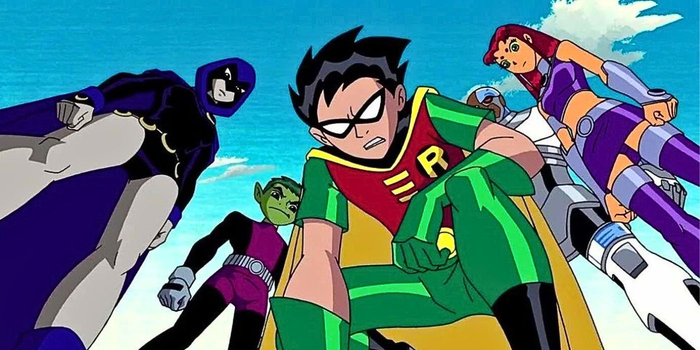 The Teen Titans look down at something on the ground in Teen Titans