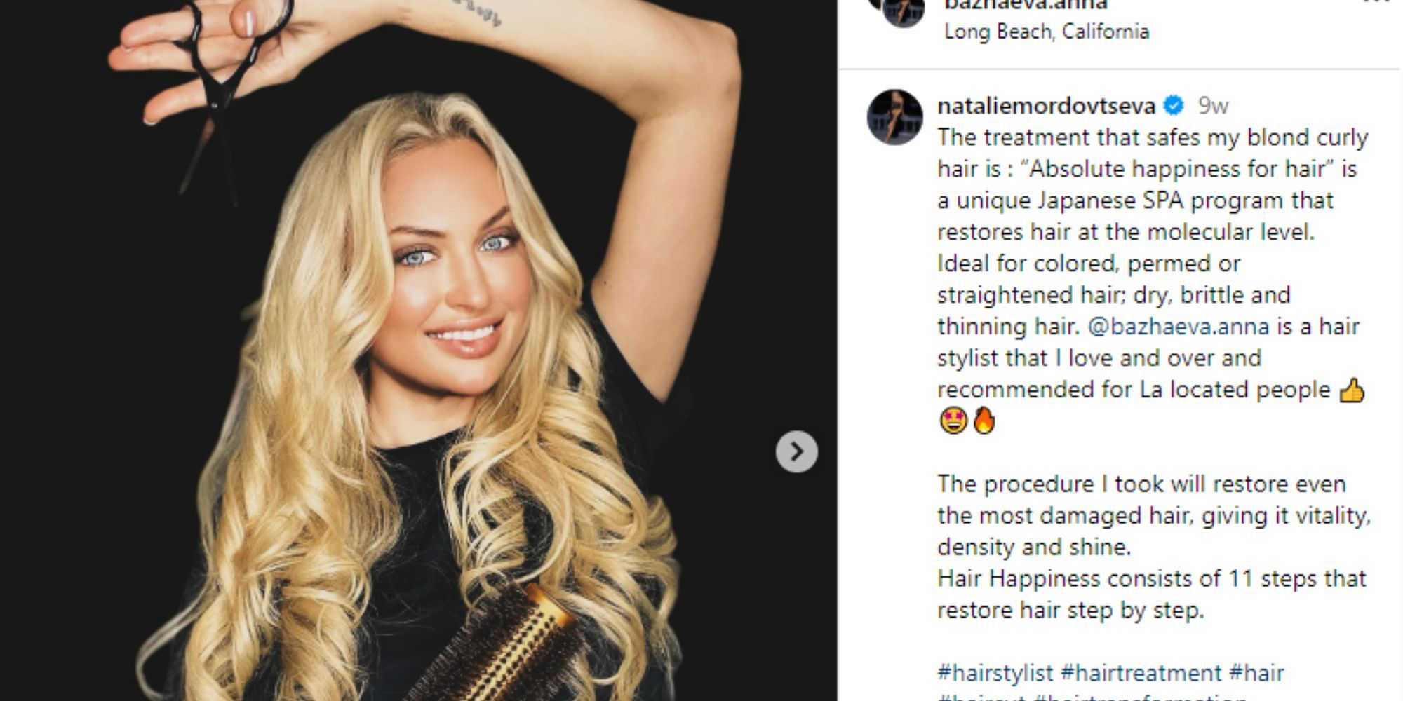 90 dias: a vida de solteira Natalie Mordovtseva em anúncio de cabelo no Instagram, posando com uma tesoura