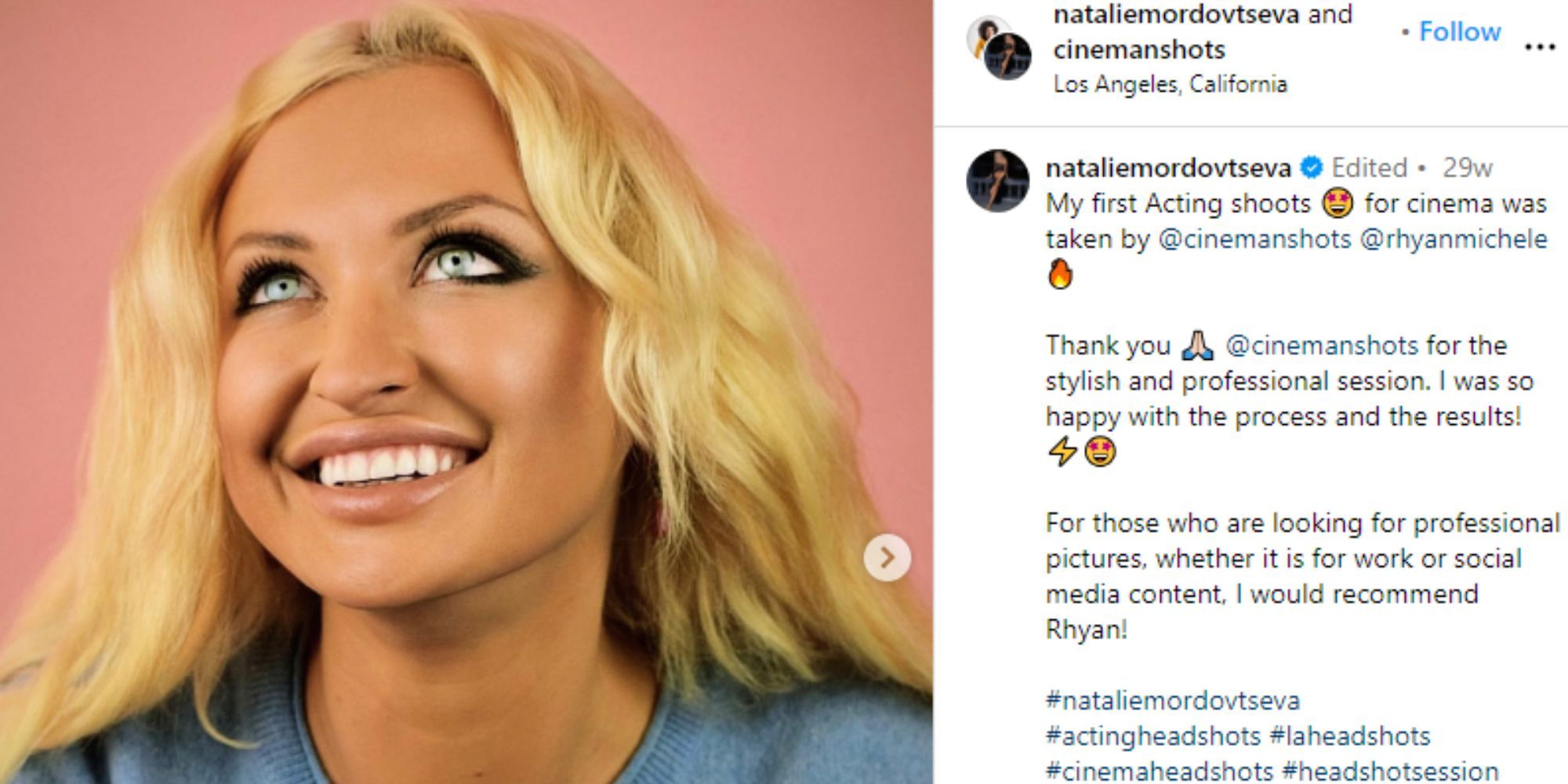 90 dias: a vida de solteira Natalie Mordovtseva Postagem no Instagram de uma foto na cabeça com Natalie em um suéter azul, ela está olhando para cima e sorrindo