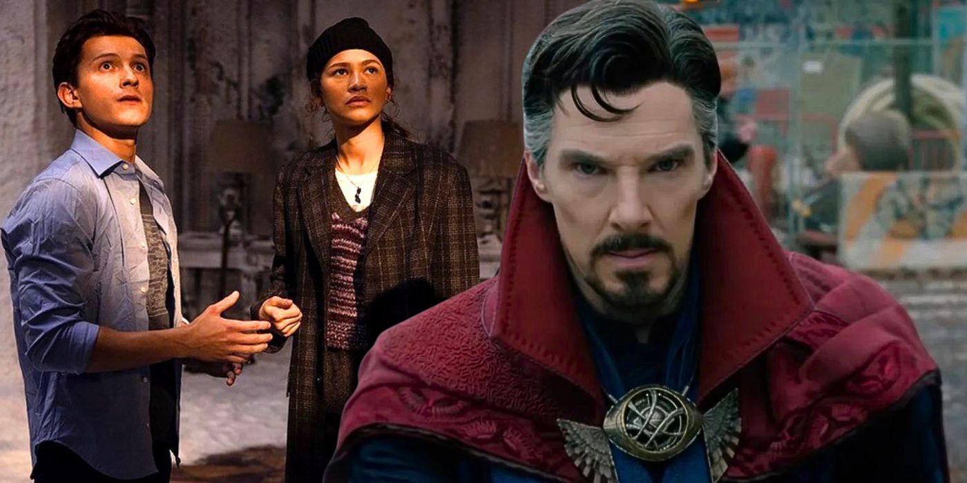 Doctor Strange next to MJ and Peter from the MCU