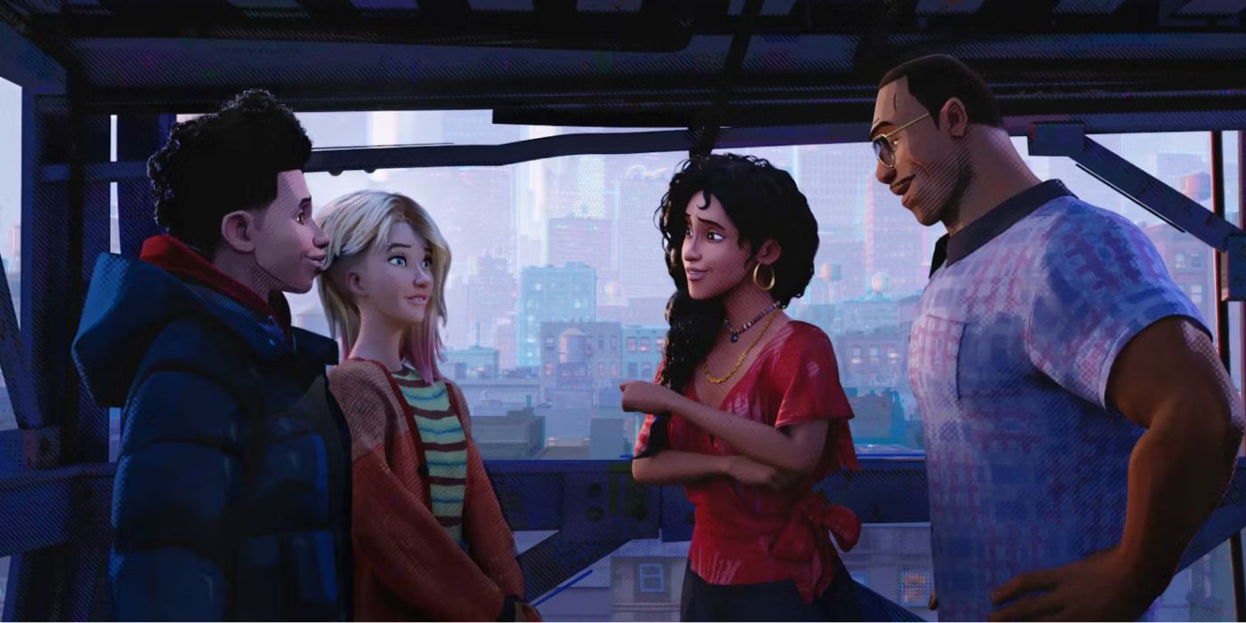 Miles and Gwen talking to Rio and Jefferson in Across the Spider-Verse