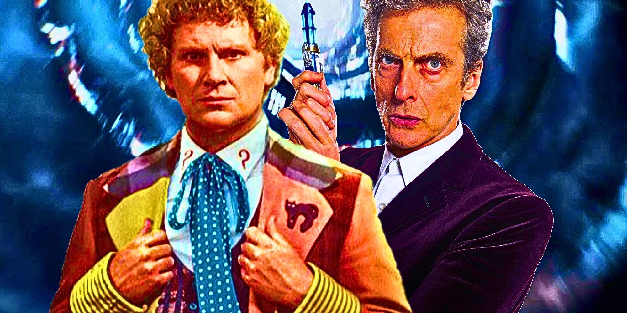 Custom image of Colin Baker's Sixth Doctor and Peter Capaldi's Twelfth Doctor against a backdrop of the time vortex from Doctor Who