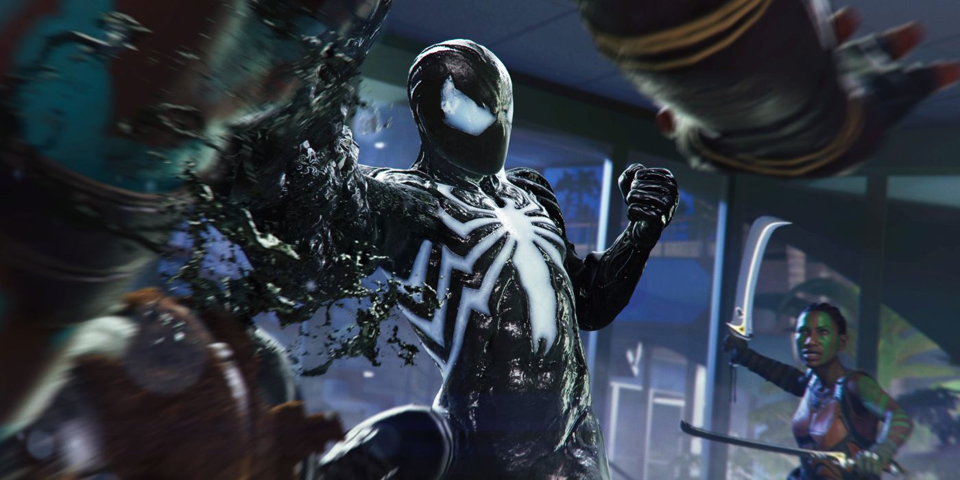 Spider-Man in his symbiote suit hitting a thug while a different enemy with two swords runs up behind him