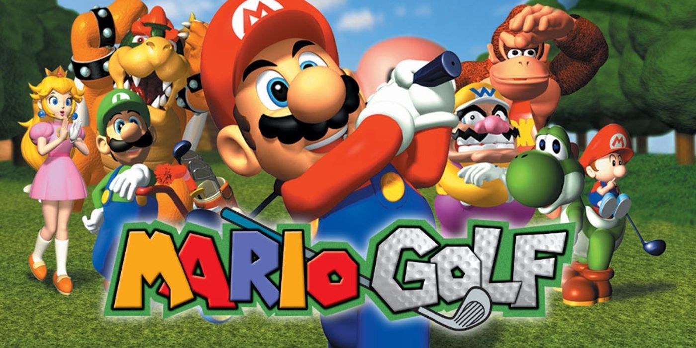 A arte principal de Mario Golf, estrelada por Mario balançando um taco de golfe na frente de Luigi, Bowser, Wario, Peach e muito mais.