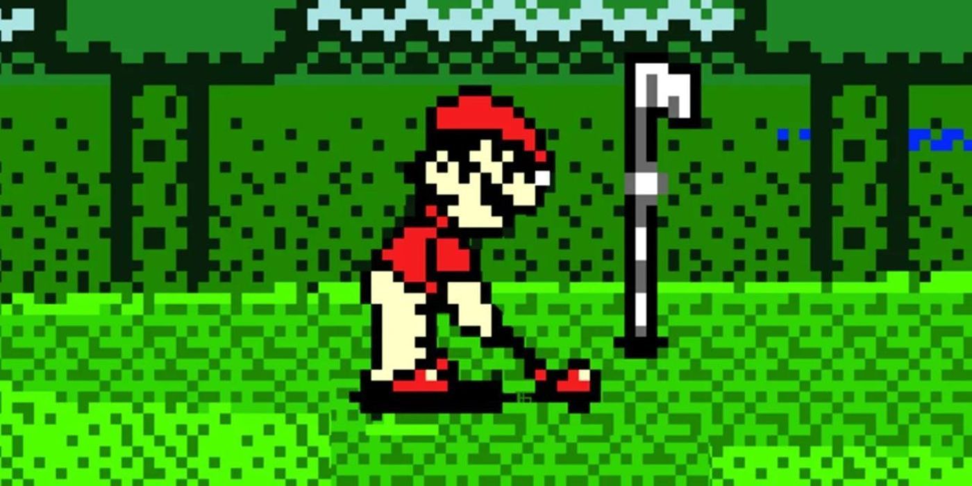 Pixel art de Mario alinhando uma tacada de golfe perto da bandeira