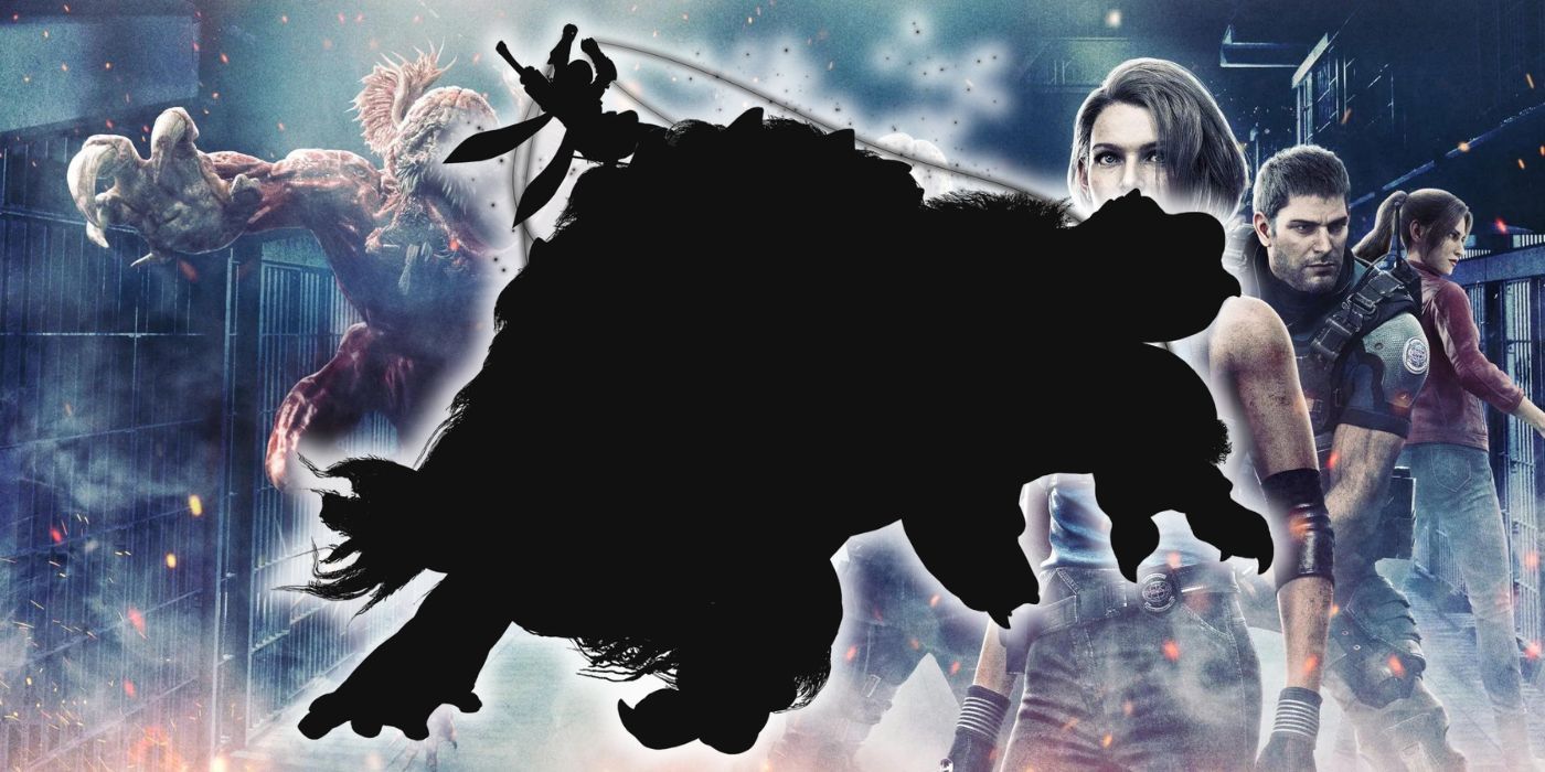 The silhouette of a Monster Hunter beast overlayed on the cast of Resident Evil