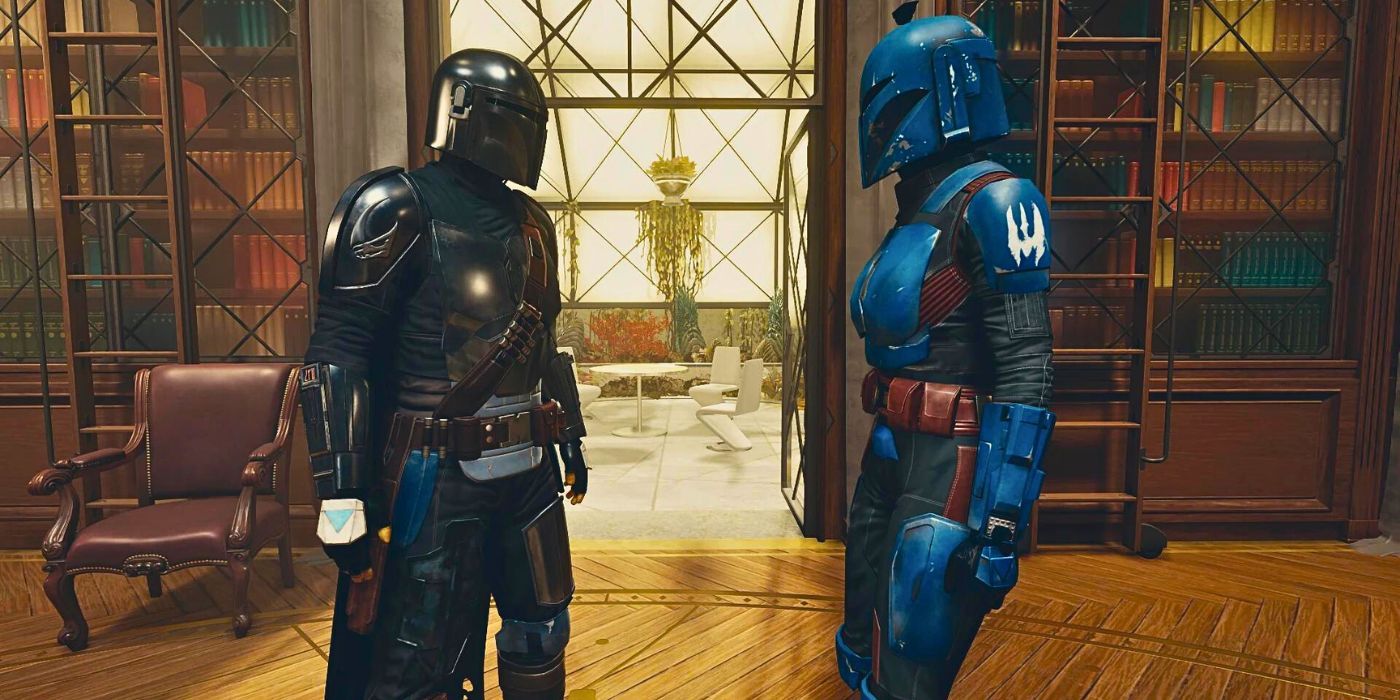 The Mandalorian and Bo-Katan Kryze standing in the Constellation office in Starfield