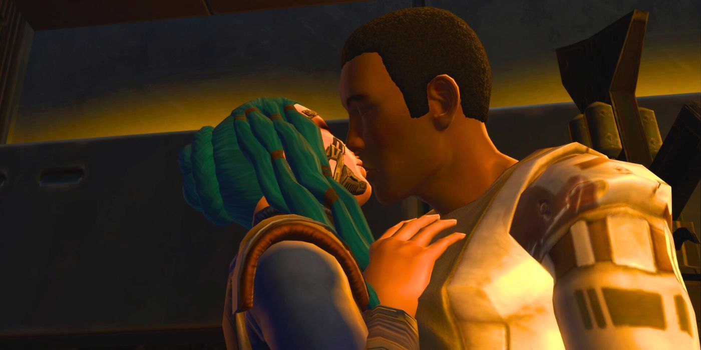 Two characters in Star Wars: The Old Republic kiss