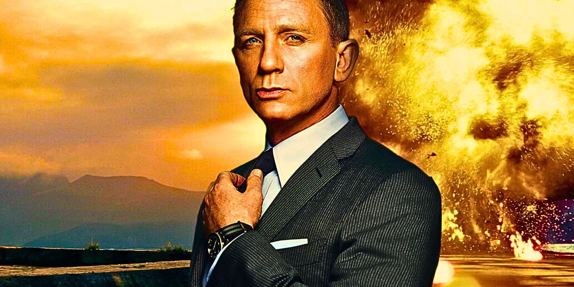 A custom image of Daniel Craig as James Bond against a backdrop of explosions