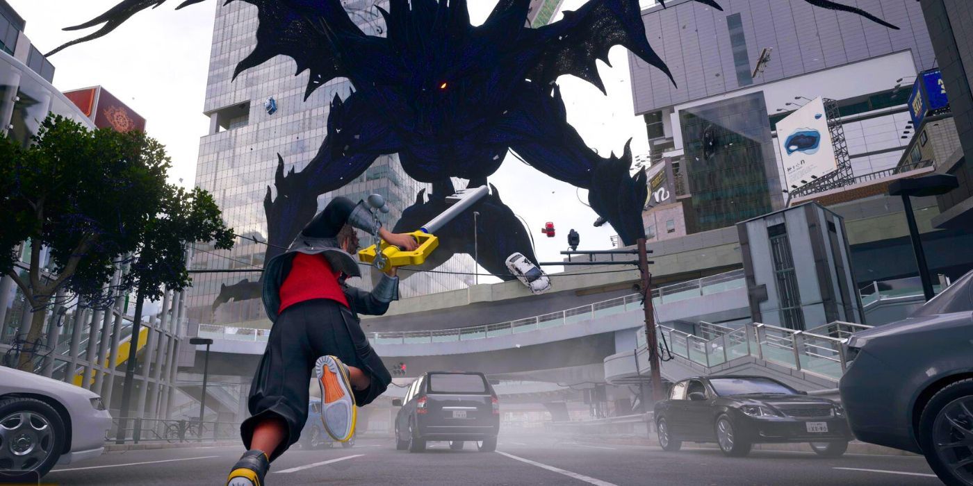 Sora with his keyblade sprinting towards a gigantic heartless that's looming over a realistic depiction of a street in Japan complete with skyscrapers