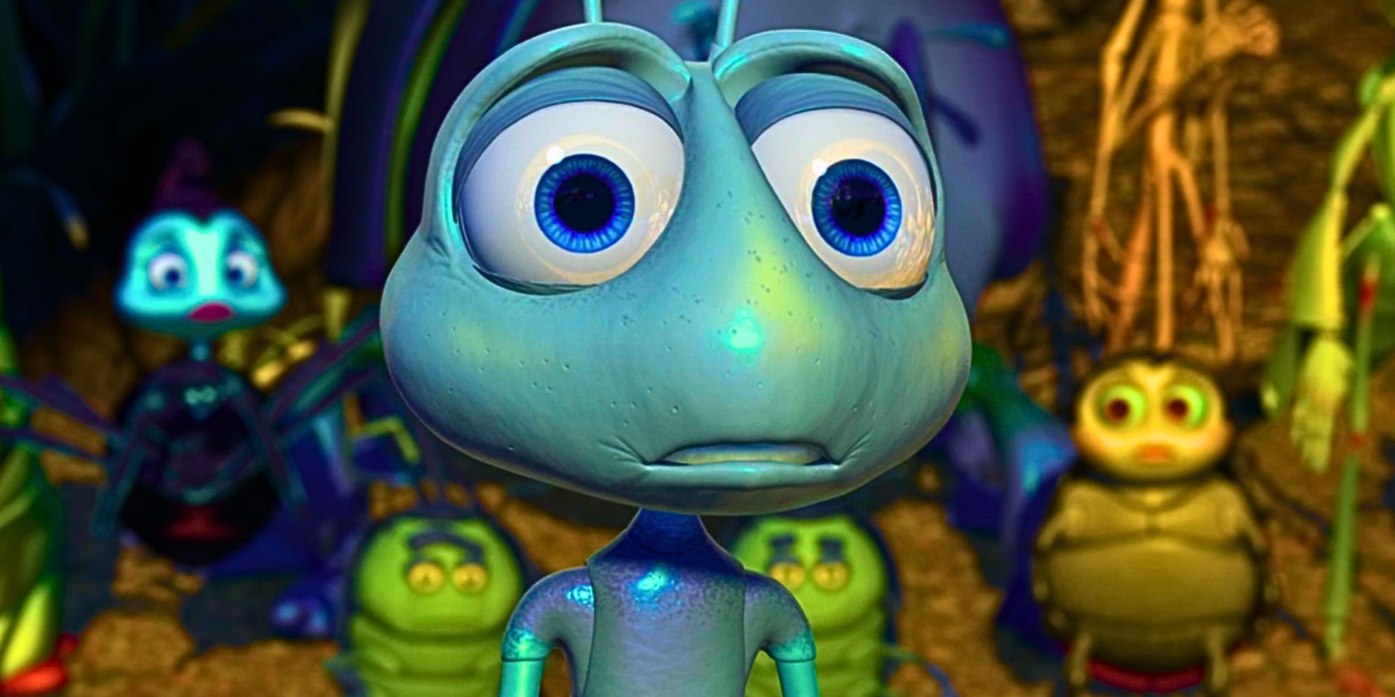 Flik looking sad with his friends in the background in A Bug's Life