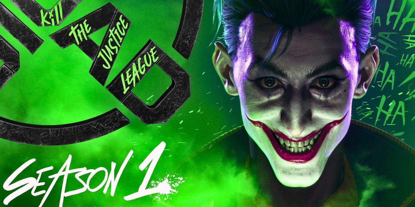 The Joker smiling wickedly surrounded by green gas with the Kill the Justice League logo on his left