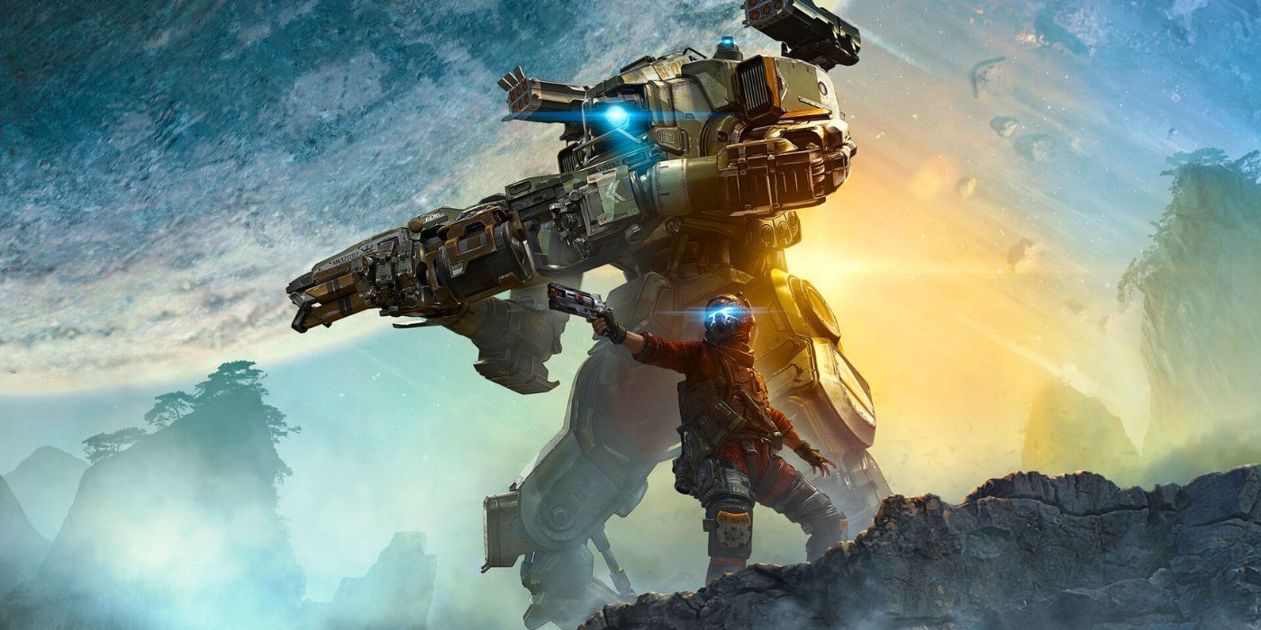 Jack standing in front of BT, both drawing weapons and pointing them at an enemy, in Titanfall 2