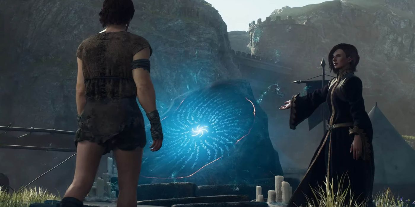 Two characters gesturing towards a magical waypoint in Dragon's Dogma 2