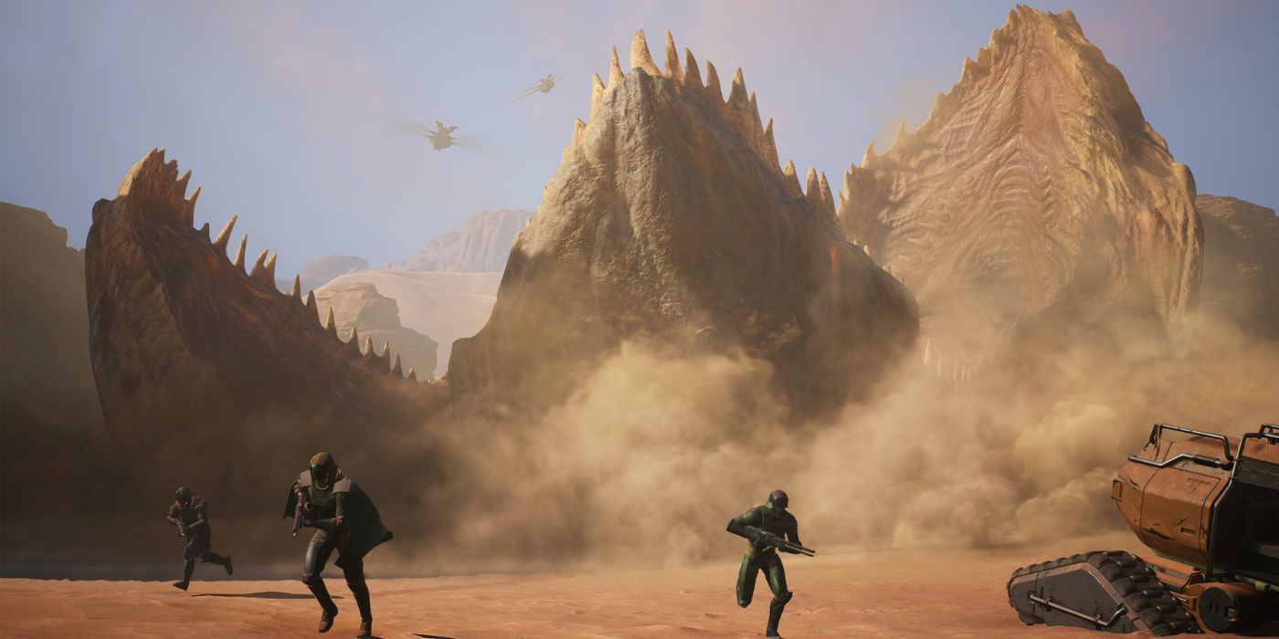 A giant sandworm erupts from the desert while the players with weapons run away in terror in Dune: Awakening
