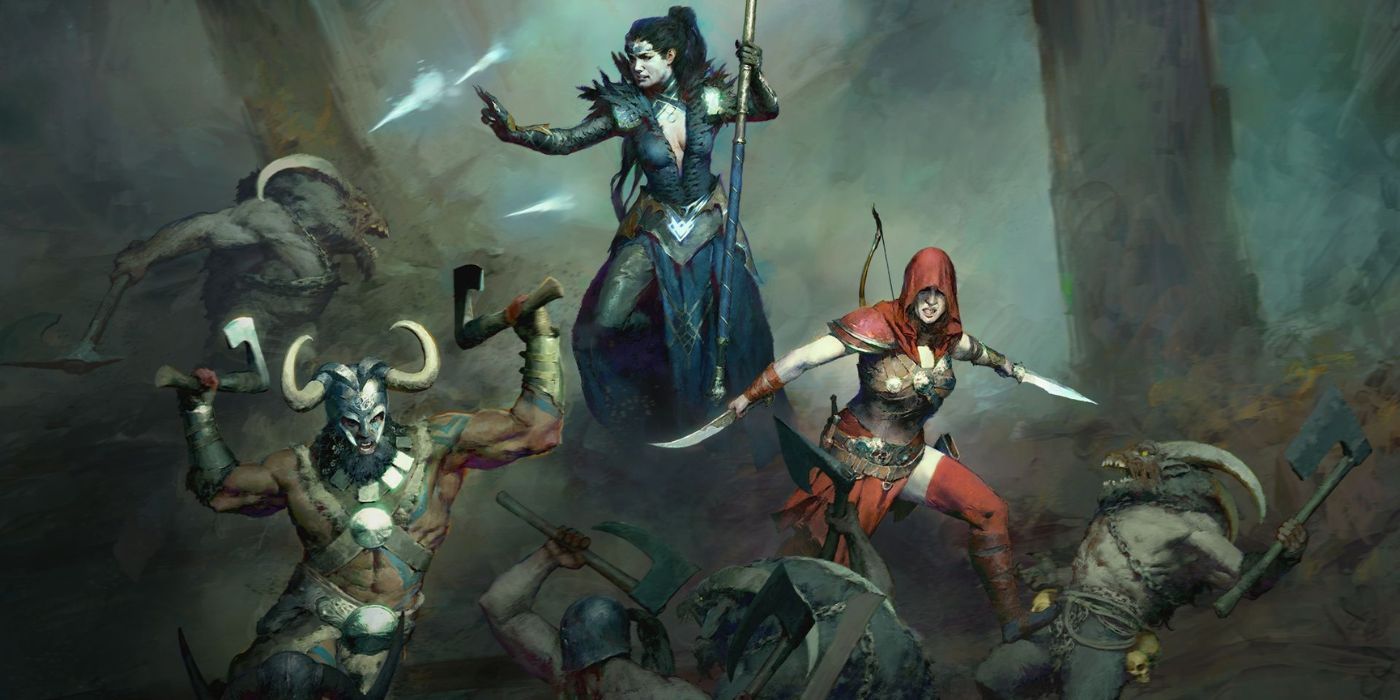 A mage, a barbarian and a rogue fighting a group of enemies in Diablo 4