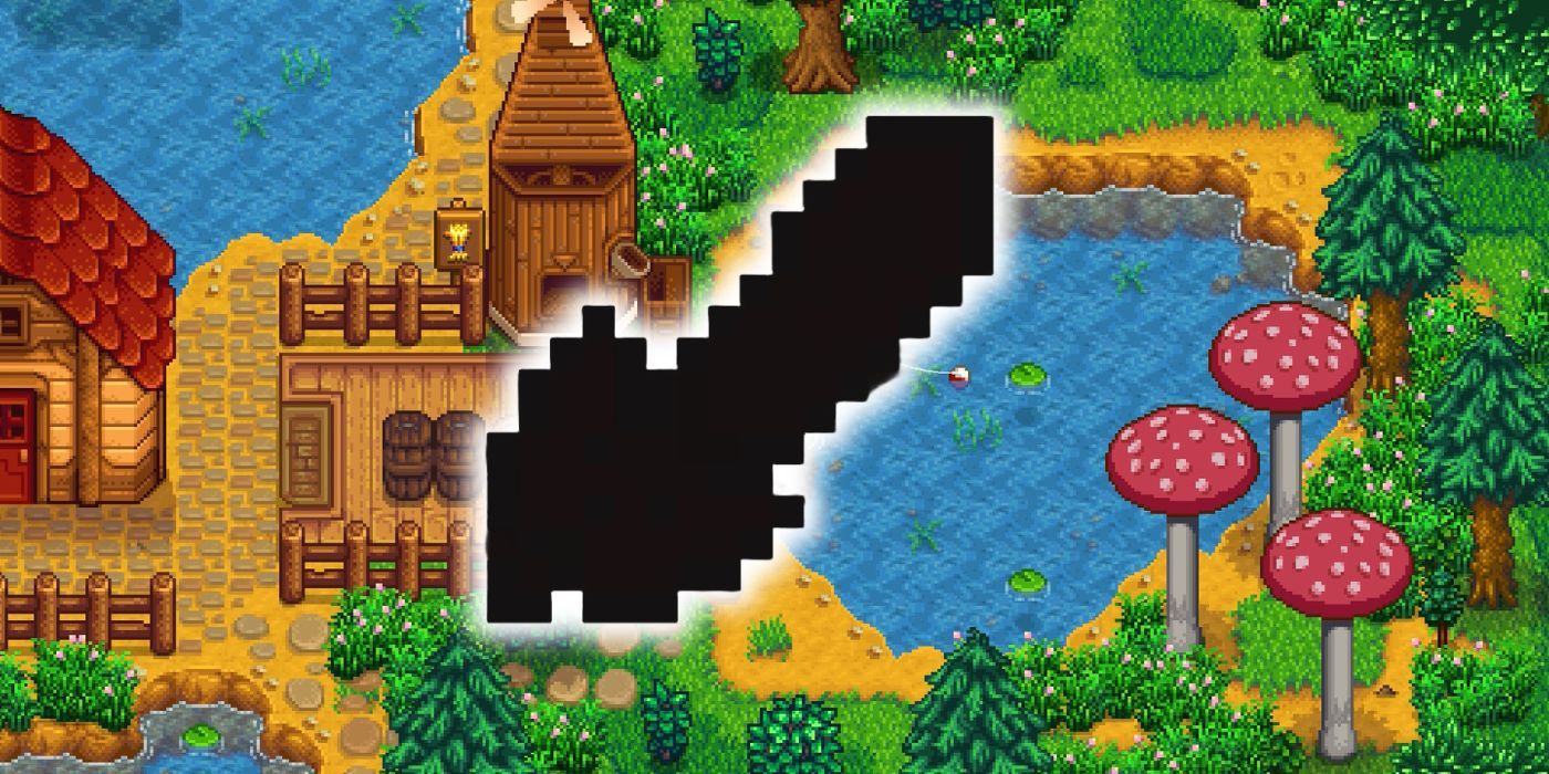 The shadow of the Meowmere sword overlayed on a picture of a farm in Stardew Valley
