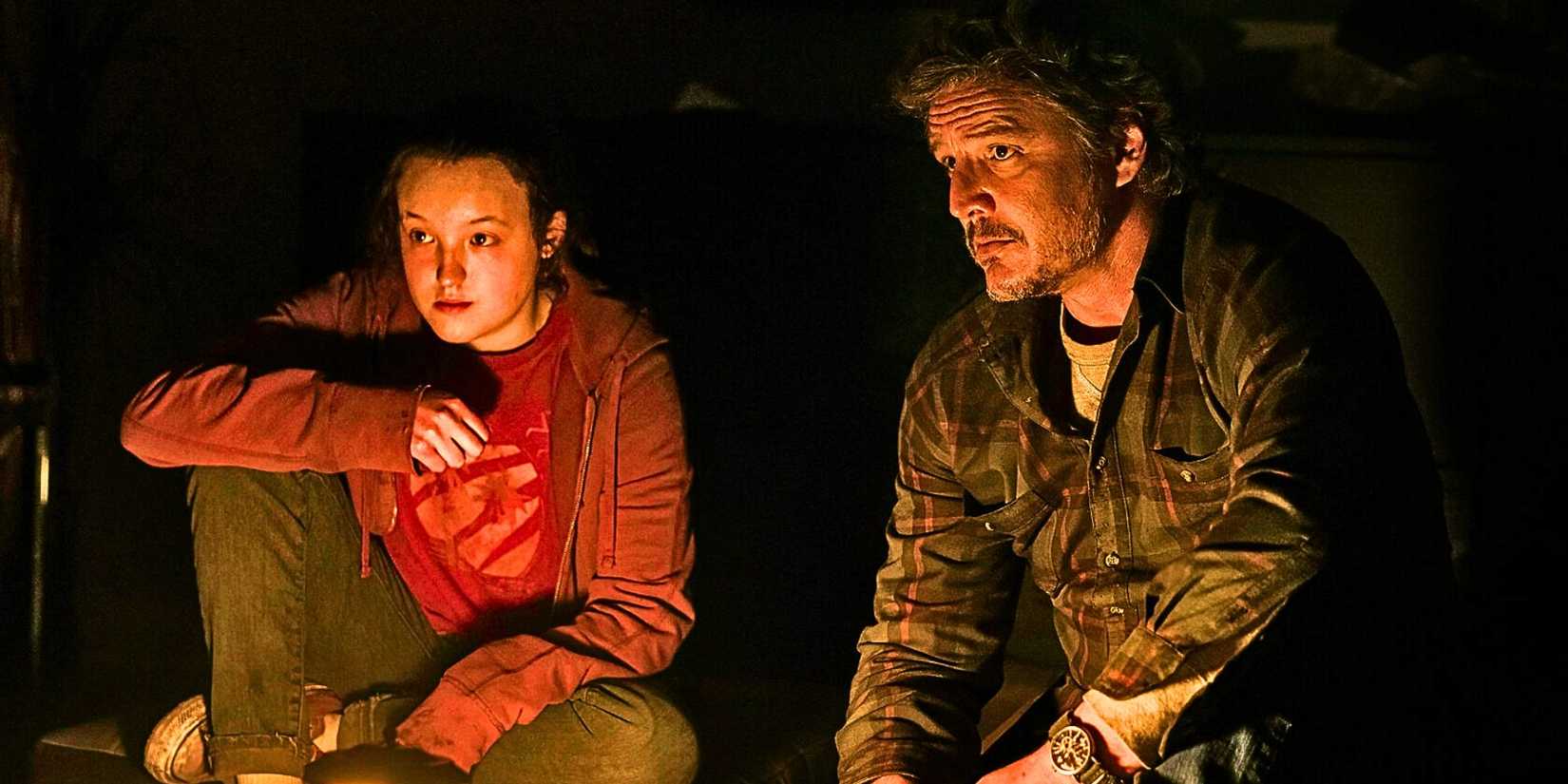 Bella Ramsey as Ellie and Pedro Pascal as Joel looking concerned in The Last of Us