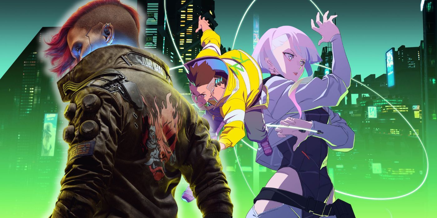 V alongside the two protagonists from Cyberpunk Edgerunners