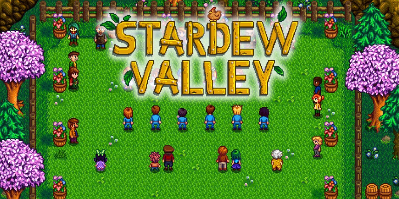 The Stardew Valley logo glowing over a scene of the town dancing during the Spring Festival