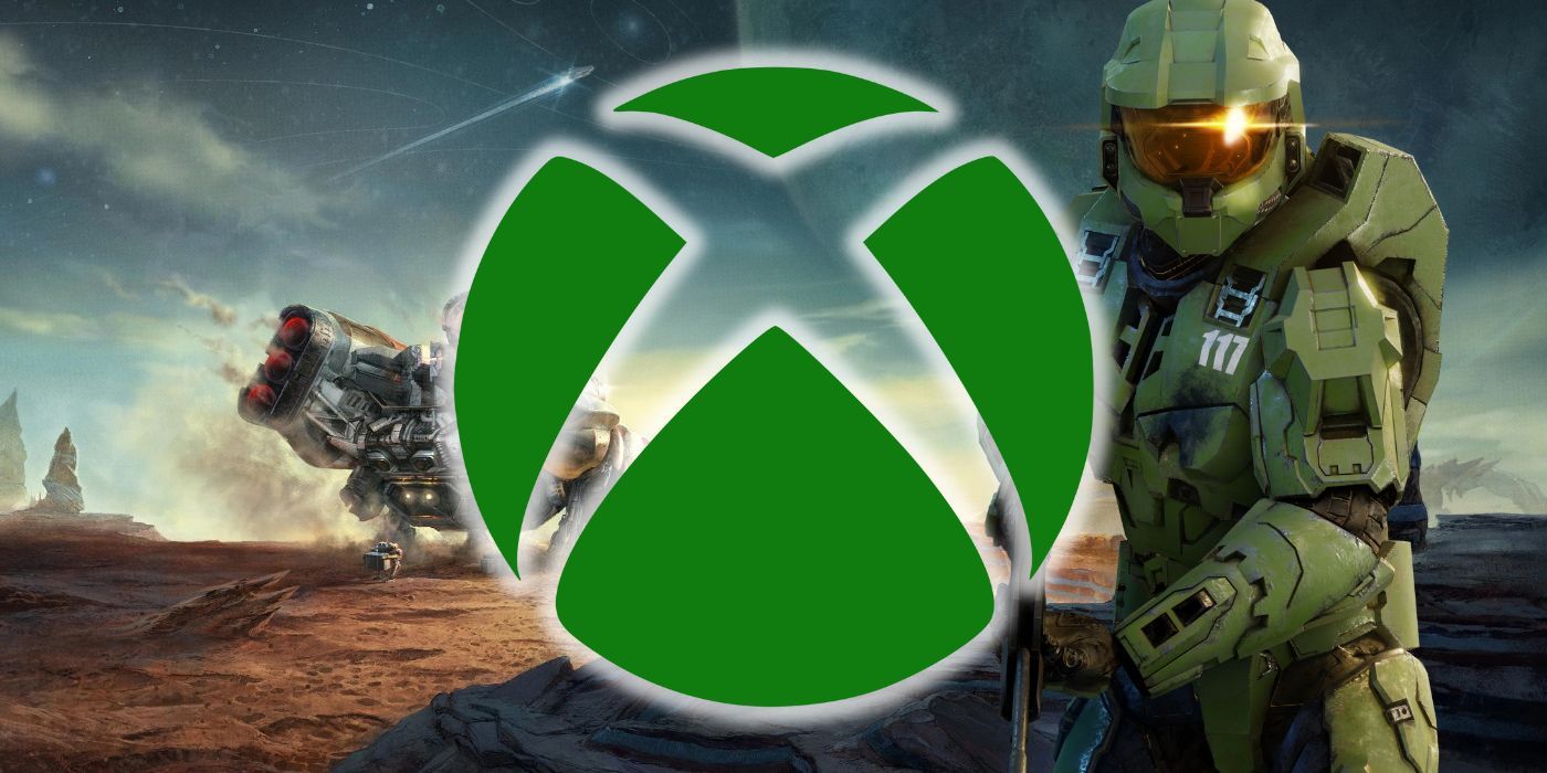The Xbox logo overlayed onto a landed Starfield ship and Halo's Master Chief