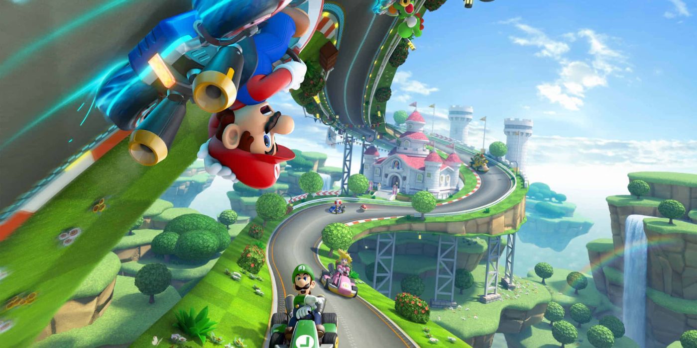 Mario usando o hover kart para surpreender Luigi e Peach em Mario Kart 8 Deluxe