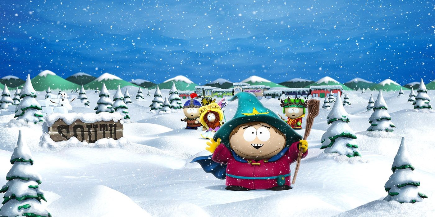 Eric Cartman and his friends rejoicing at the snow in South Park: Snow Day