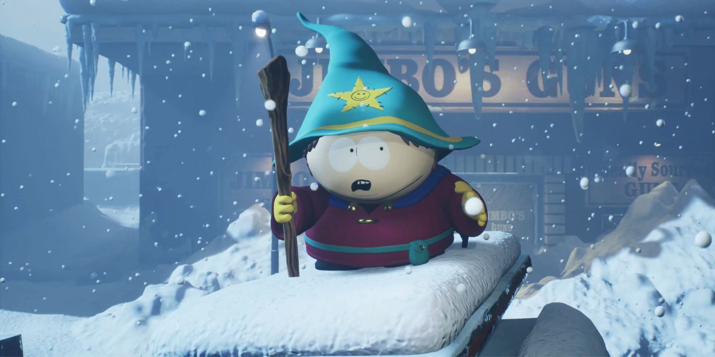 Eric Cartman dressed as a wizard looking concerned while standing on a snow-covered table
