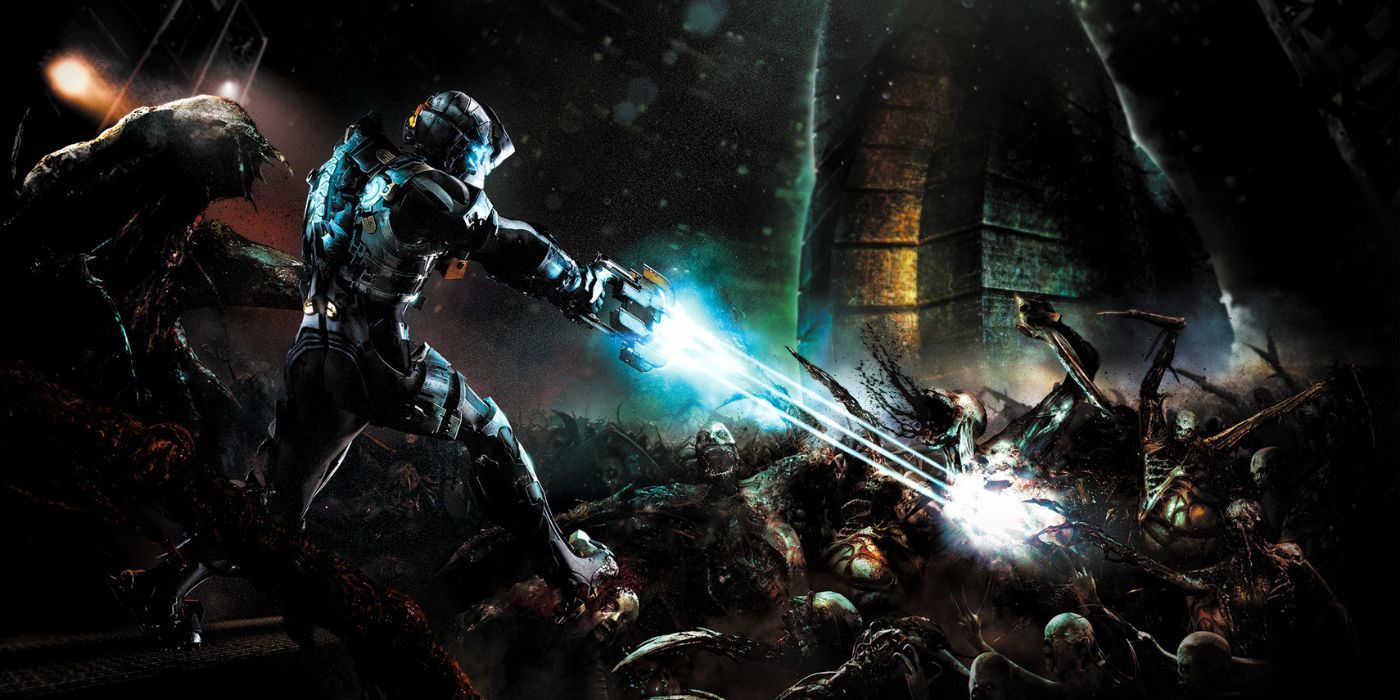 Isaac blasting a horde of necromorphs in Dead Space 2
