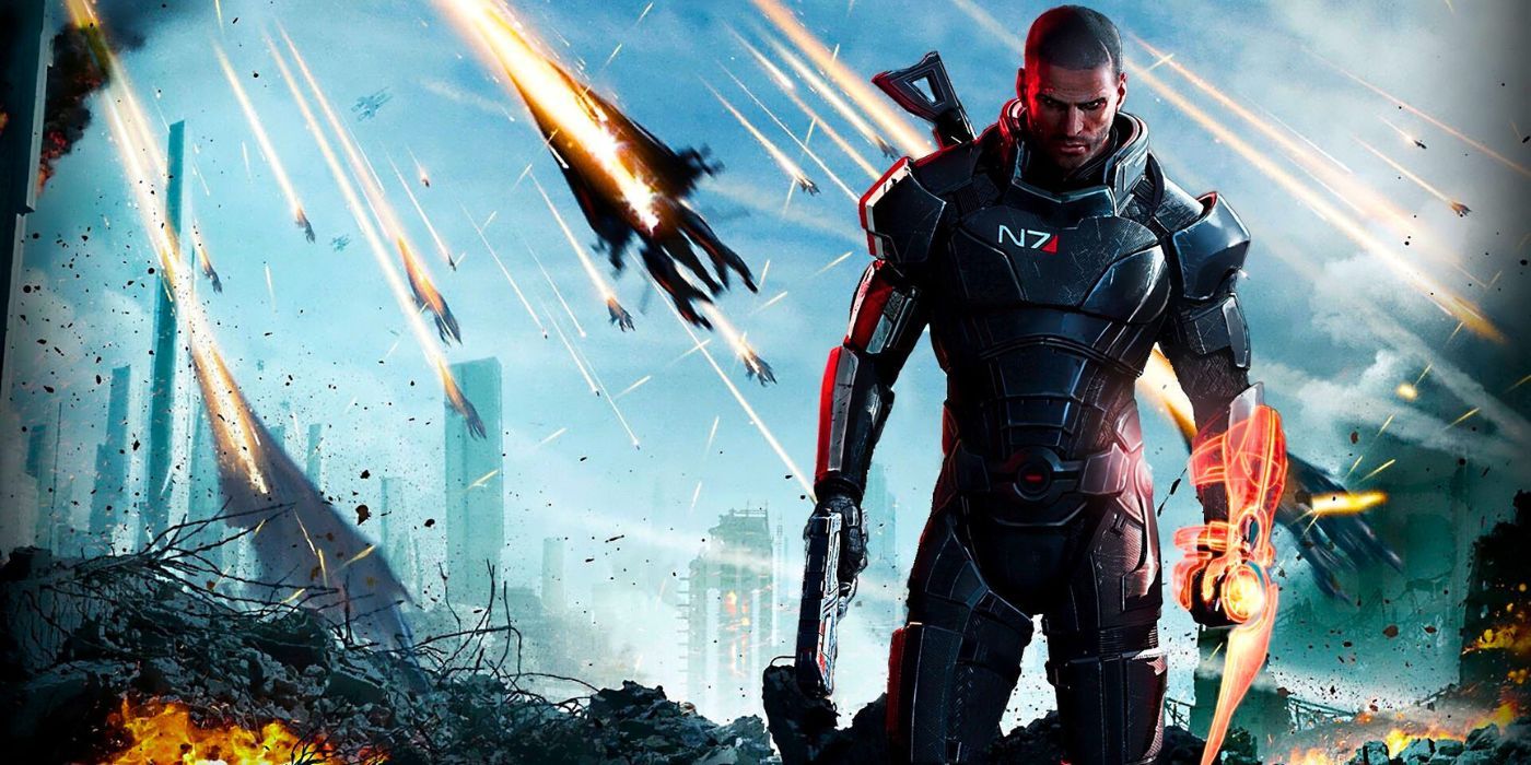 Commander Shepard with a pistol and omni-tool walking away from a Reaper invasion of Earth