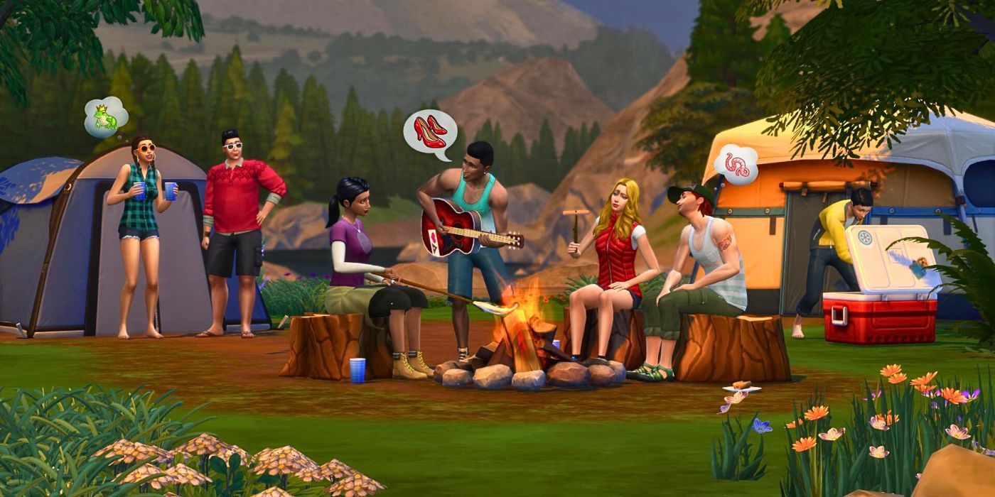 A group of Sims sitting around a campfire, playing guitar, roasting a fish, and eating a sausage