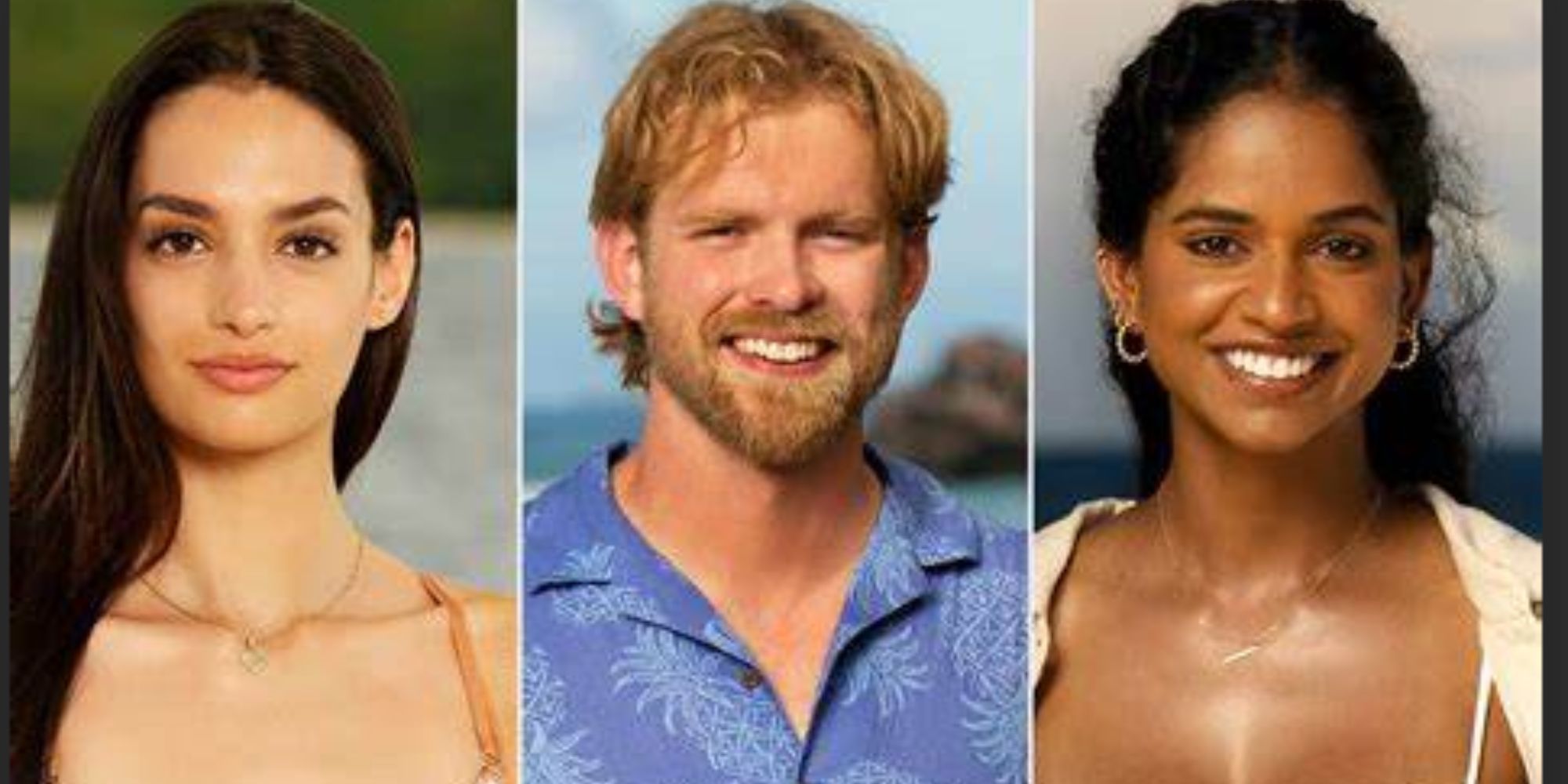 Survivor 46 fotos promocionais da CBS de Hunter McKnight, Venus Vafa e Jemila Hussain-Adams lado a lado na praia