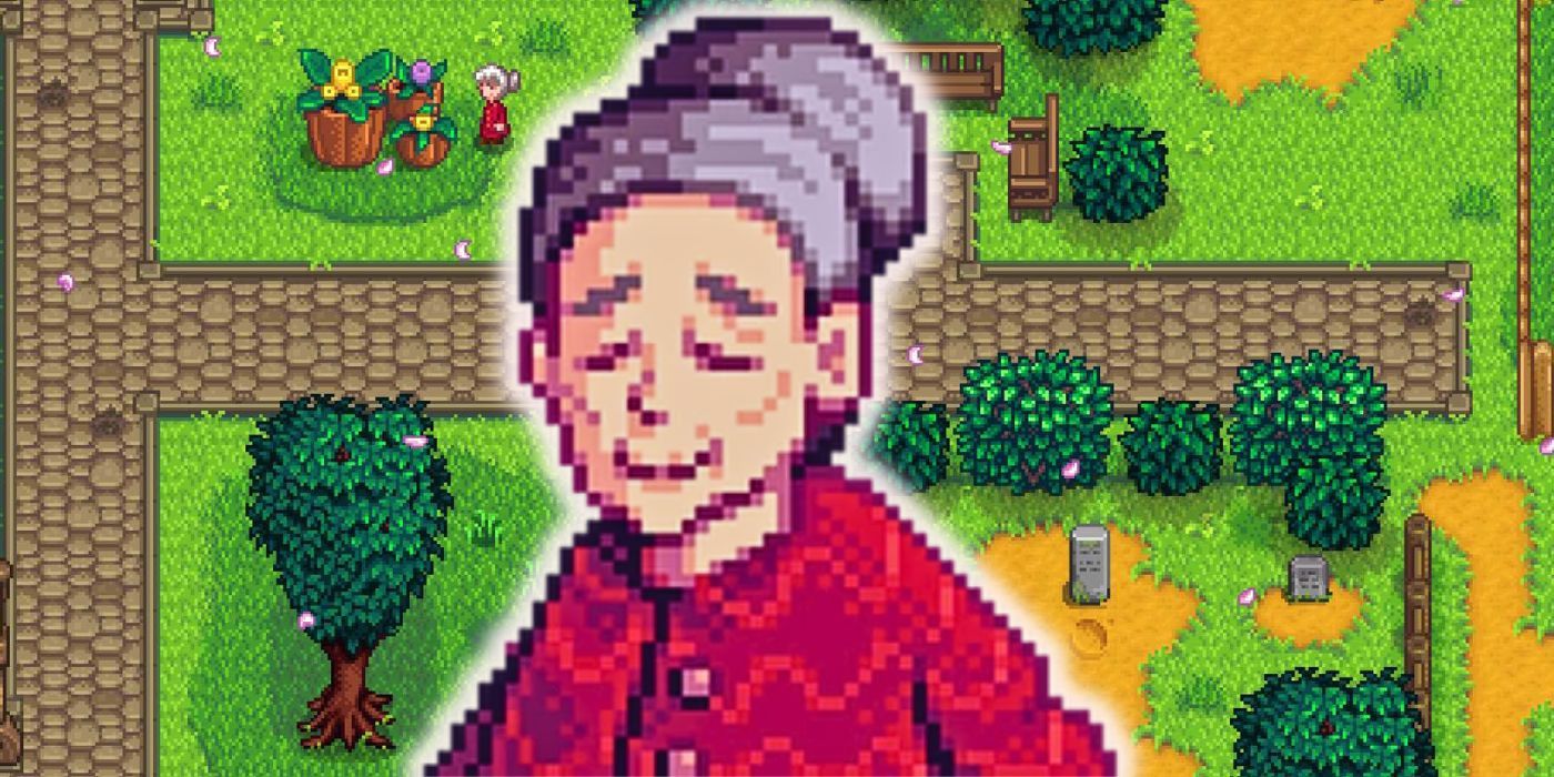 Evelyn from Stardew Valley overlayed over a screenshot of the town square