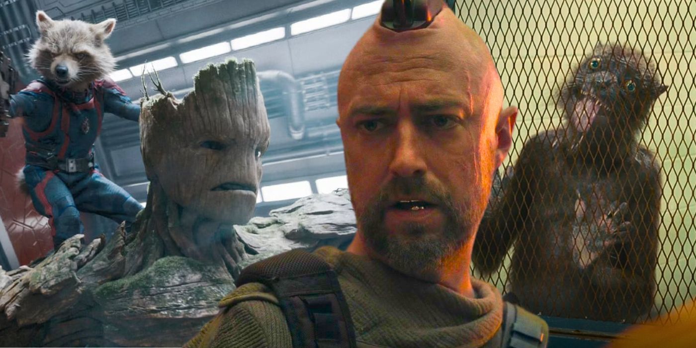 Sean Gunn as Kraglin in front of Rocket, Groot, and Weasel