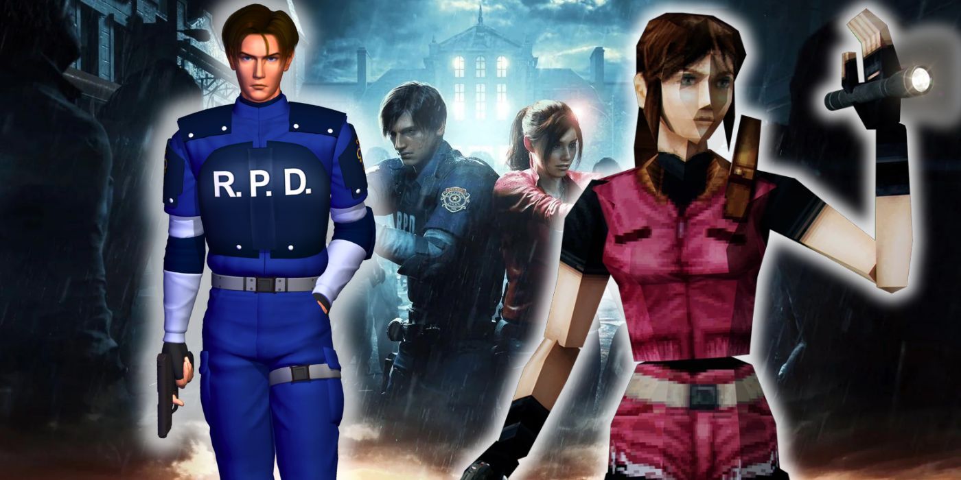 Old versions of Leon Kennedy and Claire Redfield alongside their modern depictions