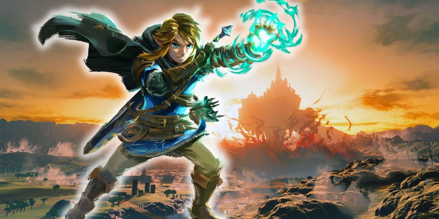 Tears of the Kingdom's Link using his magical arm overlayed onto the sun setting behind the corrupted Hyrule Castle