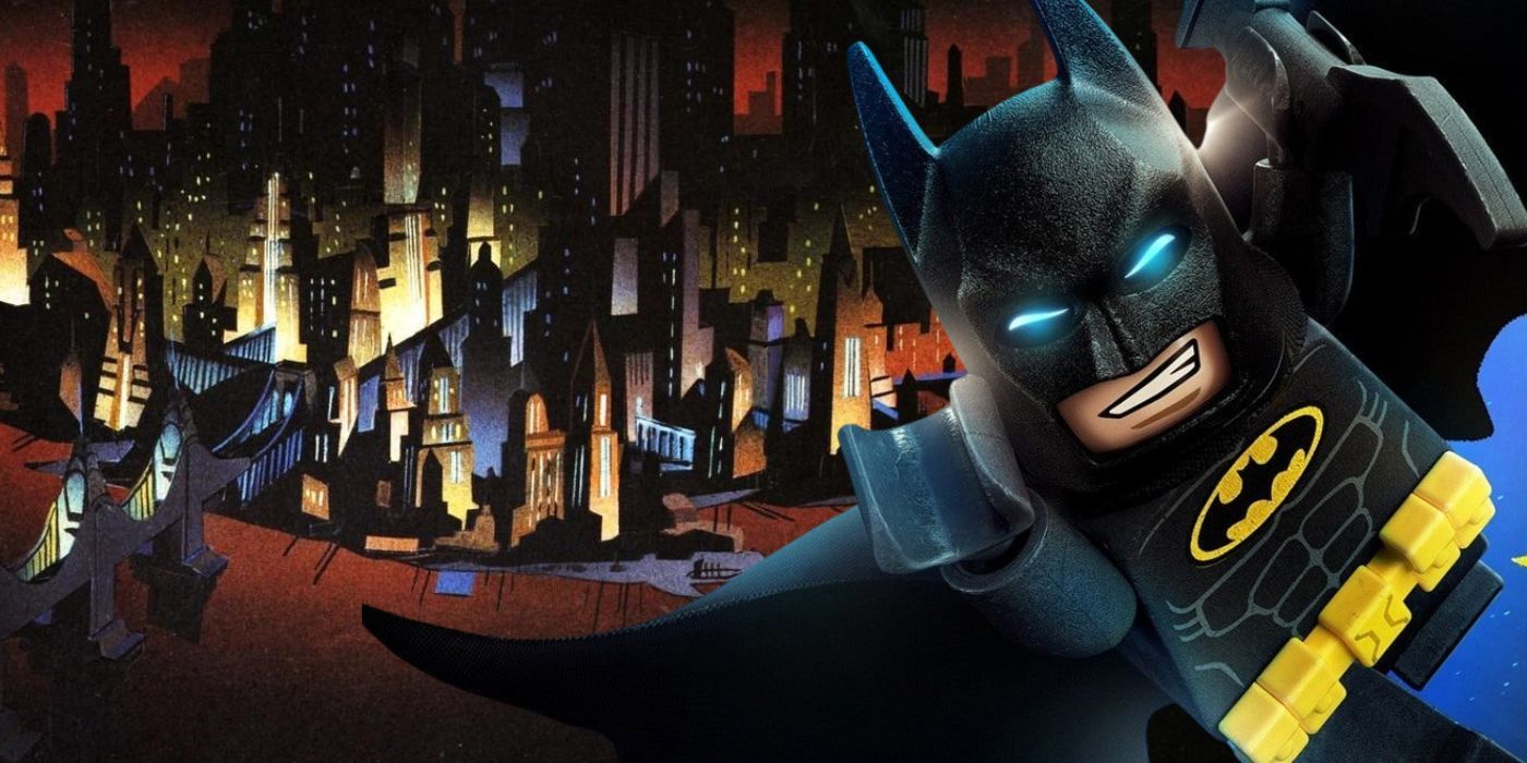 LEGO Batman in front of Gotham from Batman: The Animated Series