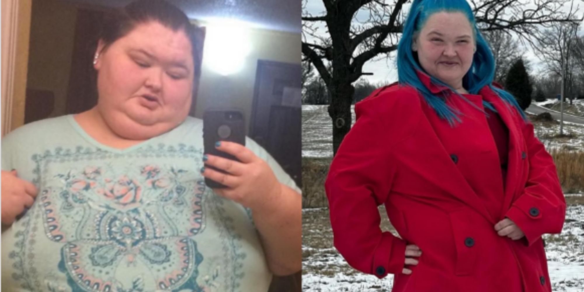 1000-lb Sisters Amy Slaton side-by-side before and after photos, Amy in 2019 vs Amy in 2024