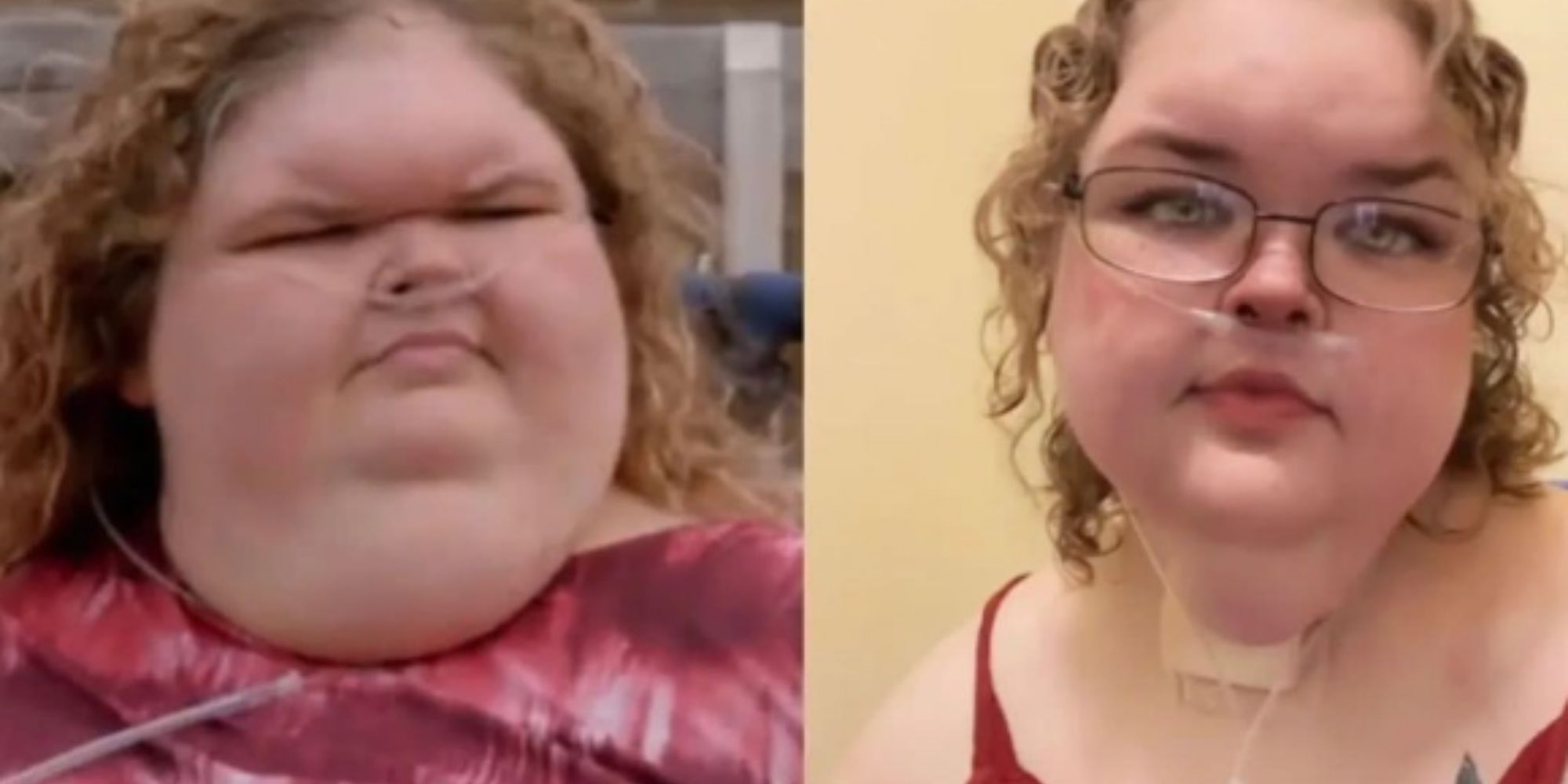 1000-lb sisters tammy slaton wearing red in side-by-side before-and-after weight loss