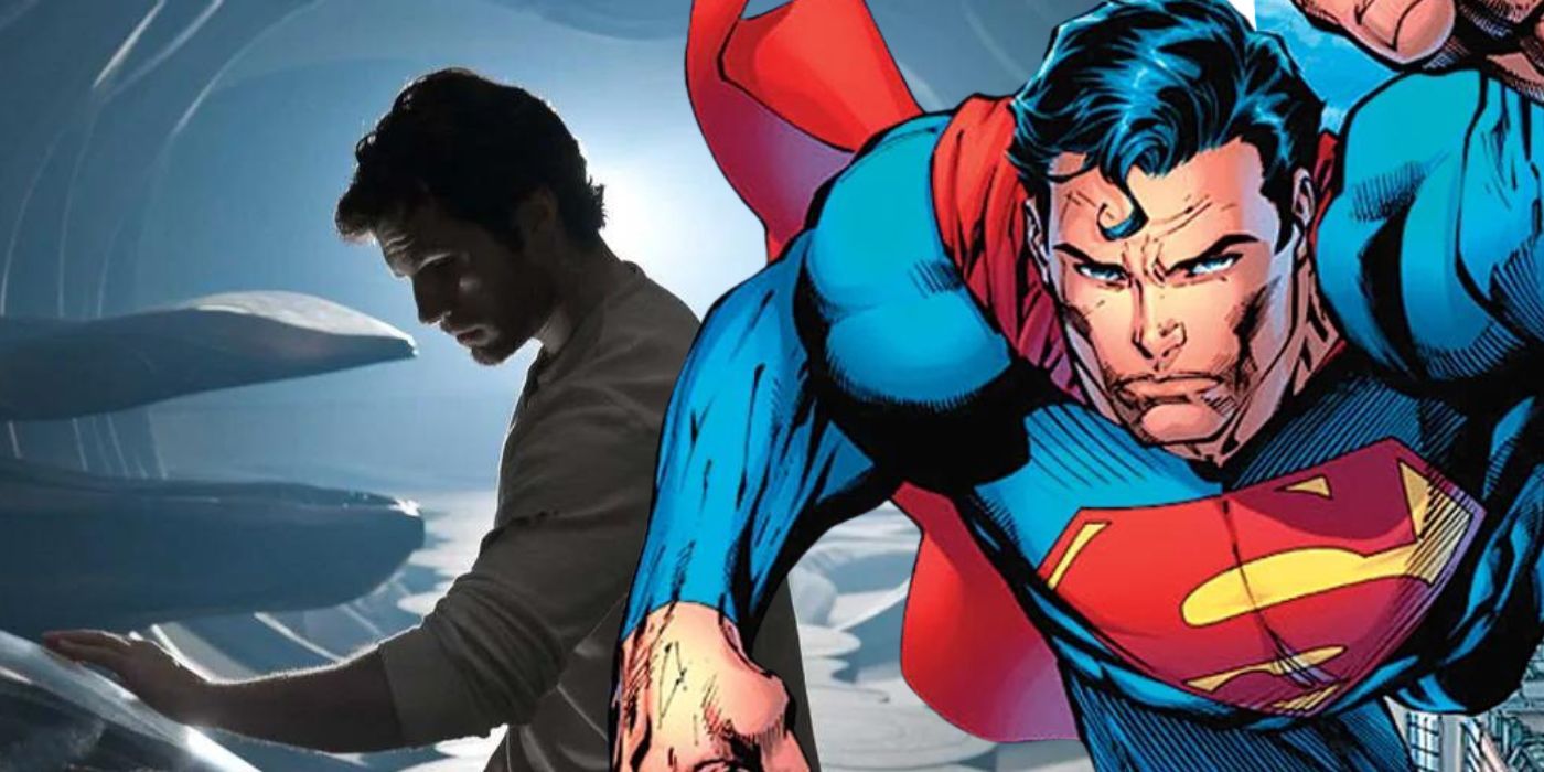 Comic book Superman over Clark in the scout ship from Man of Steel