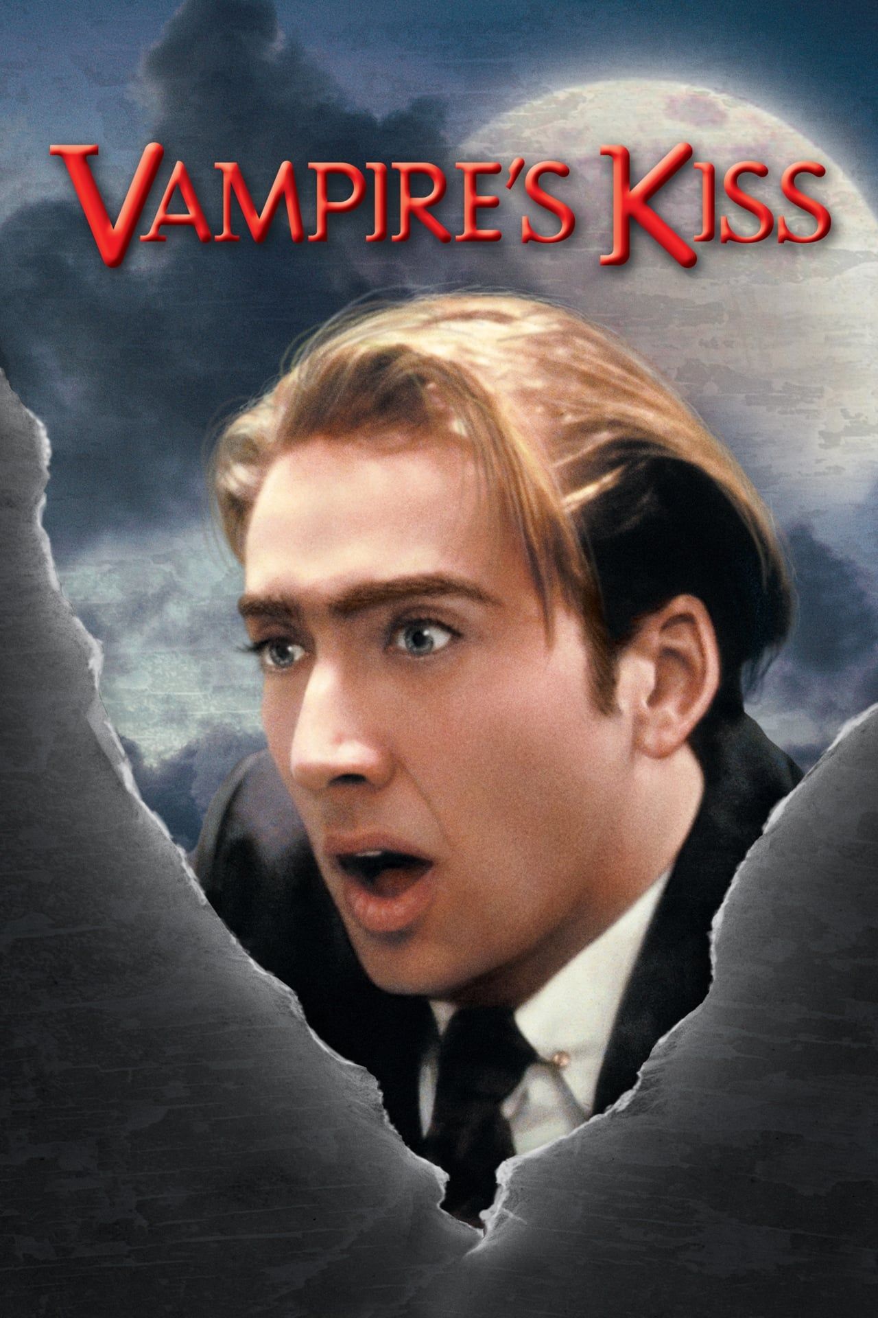 Cartaz do filme Vampire's Kiss com Nicolas Cage em frente à lua