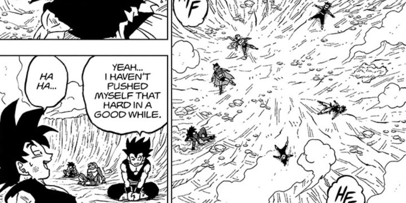 Goku e Gohan satisfeitos após um treino em Dragon Ball Super.