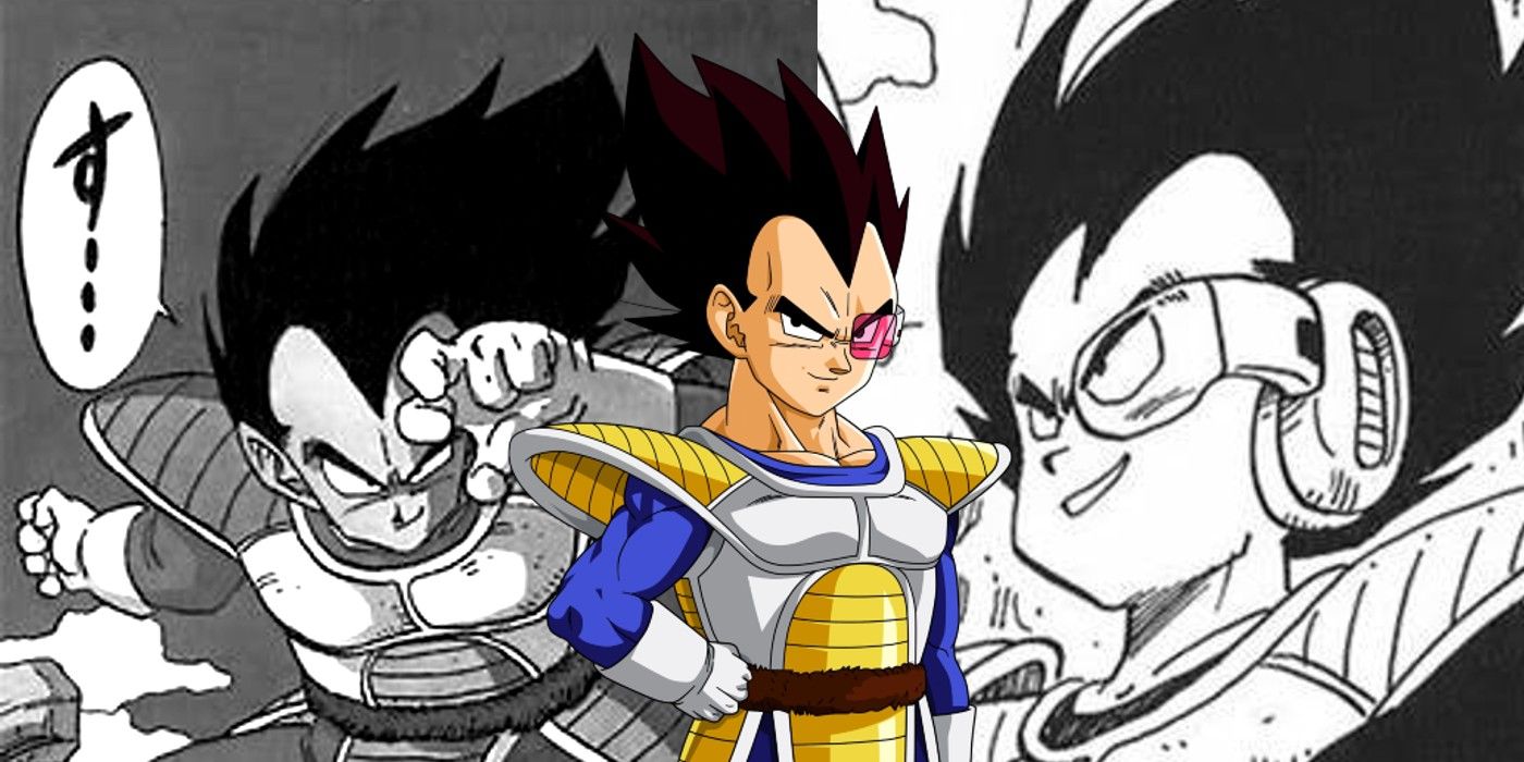 Vegeta centered between two images from the manga featuring his early chapters in Dragon Ball Z